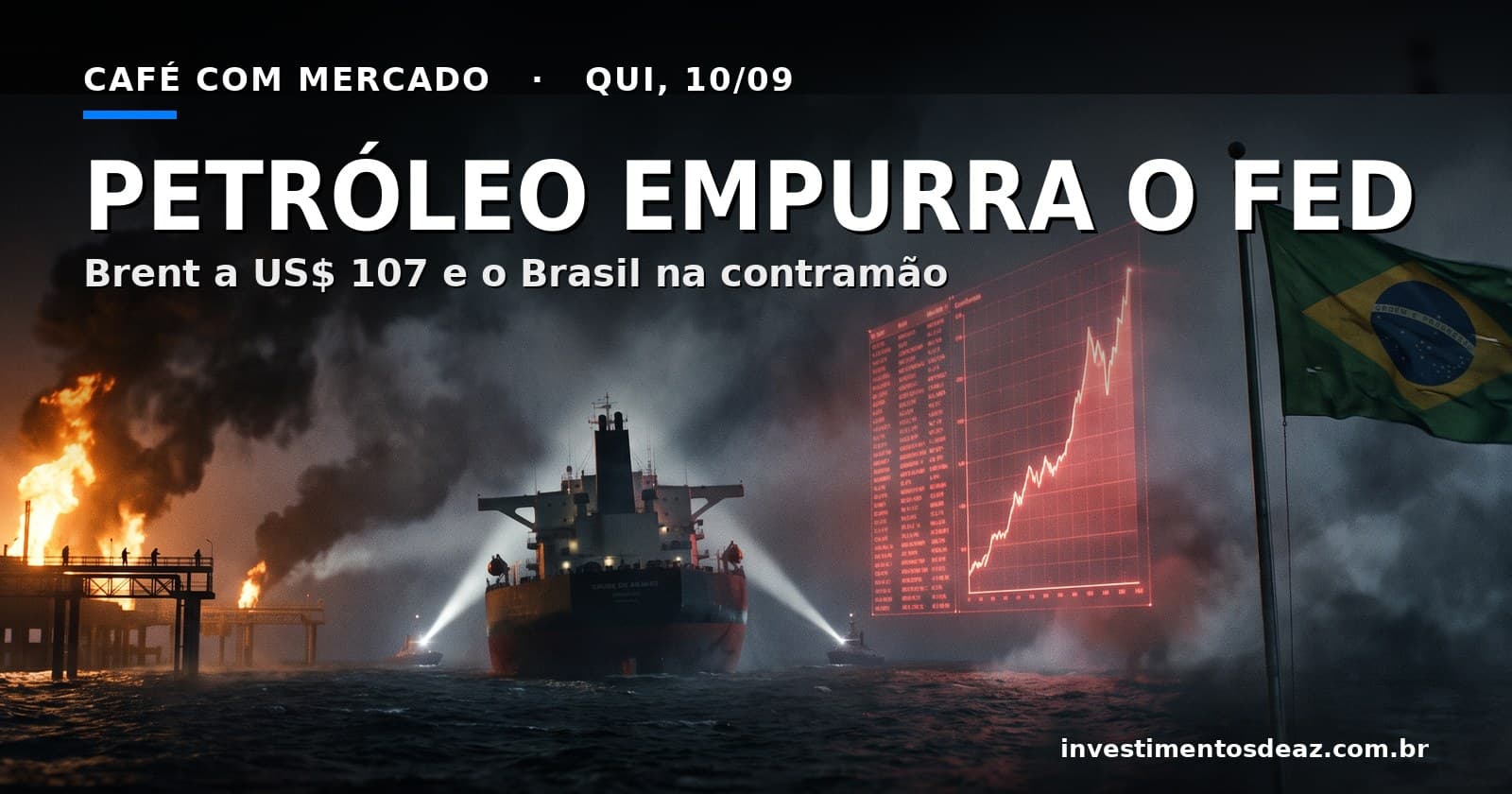 Colagem noturna de terminal petrolífero em chamas no Golfo, painel de juros e bandeira brasileira sob luz dramática