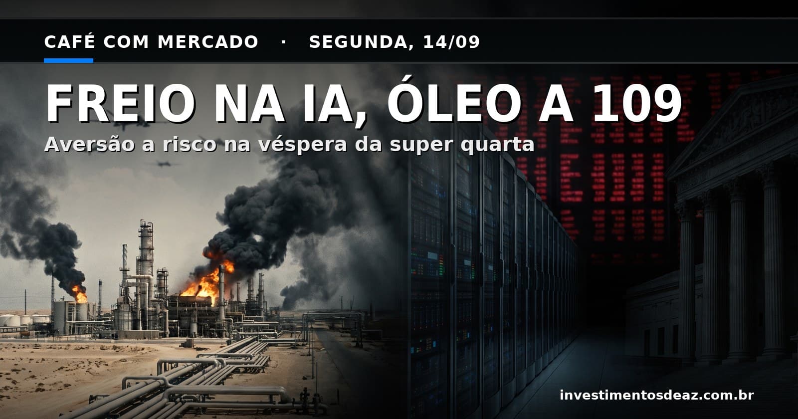 Refinaria em chamas no deserto sob ataque de drones, corredor de servidores e painel de cotações em queda