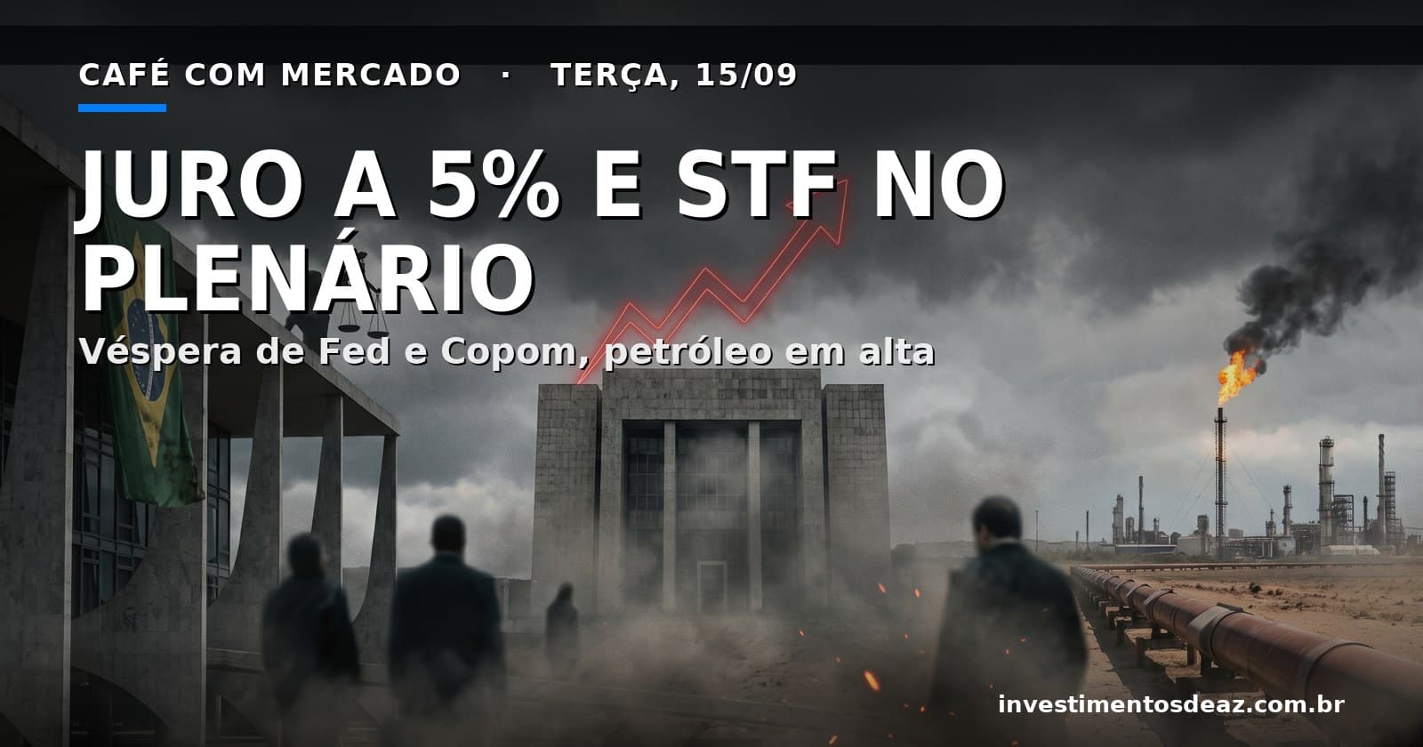 Gráfico de juros em alta sobre a fachada de um banco central, com oleoduto em chamas à direita e colunas de tribunal sob tempestade à esquerda