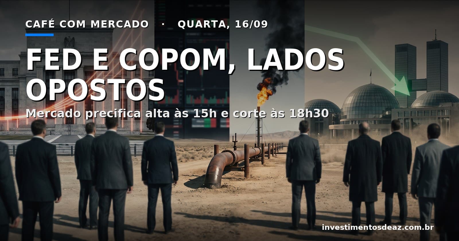Colagem noturna com pregão, cúpulas de Brasília, torres de petróleo e gráficos de juros