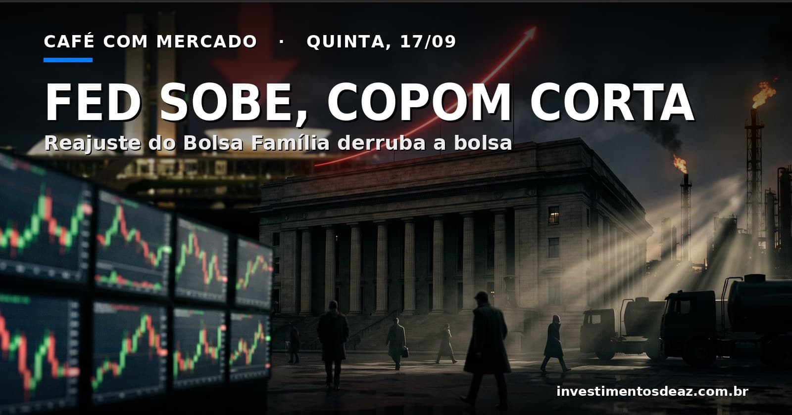 Composição noturna com a fachada do Federal Reserve, curva de juros ascendente, telas de pregão e o Congresso Nacional ao fundo