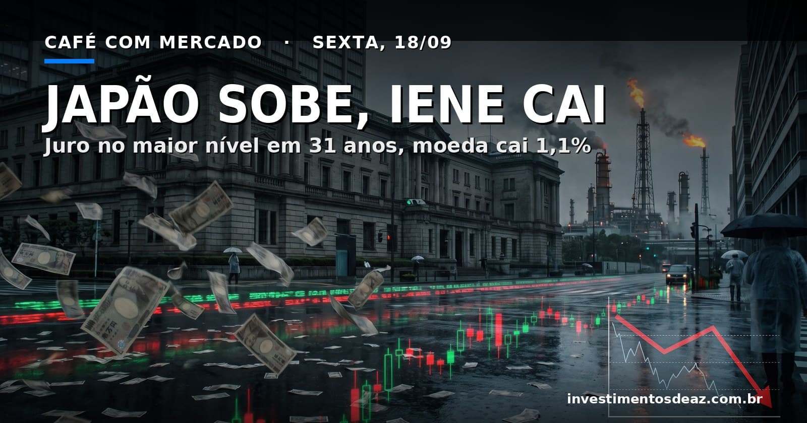 Composição noturna com a fachada do Banco do Japão, cédulas de iene, telas de pregão e torres de refinaria sob névoa