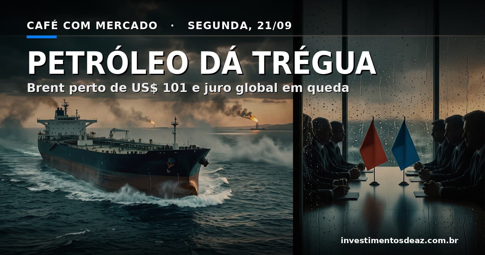 Navio-tanque em estreito ao entardecer, flares de refinaria ao fundo e silhuetas de delegações em mesa de negociação