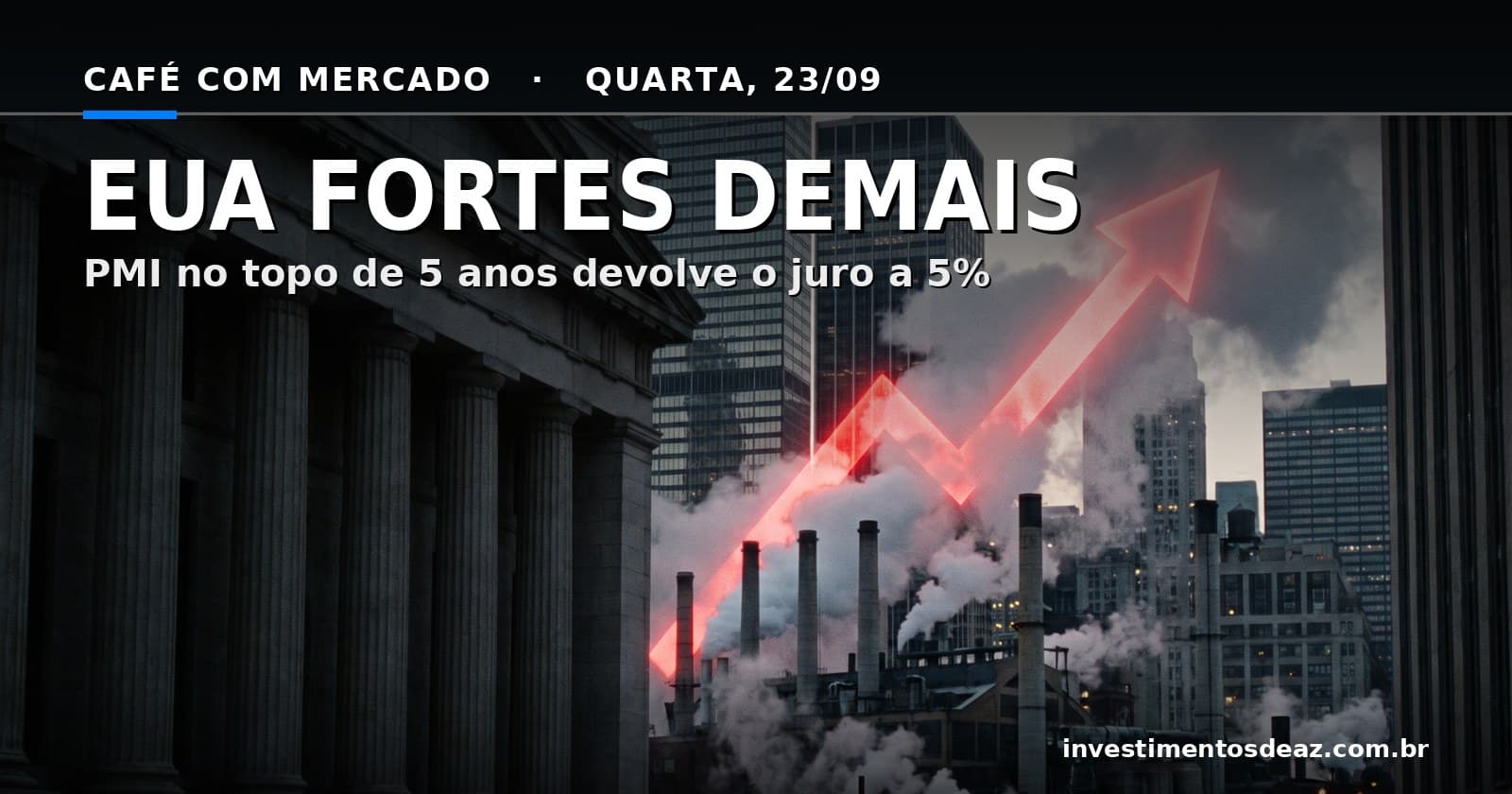 Distrito financeiro ao entardecer com chaminés industriais em plena produção e fachada de banco central em sombra