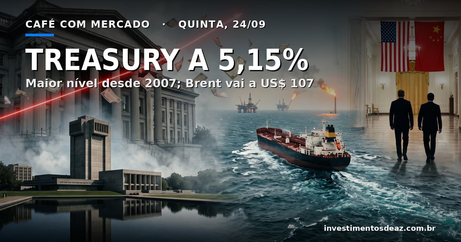 Prédio de governo neoclássico com linha vermelha em alta, petroleiro em mar agitado e bandeiras dos EUA e da China em salão cerimonial