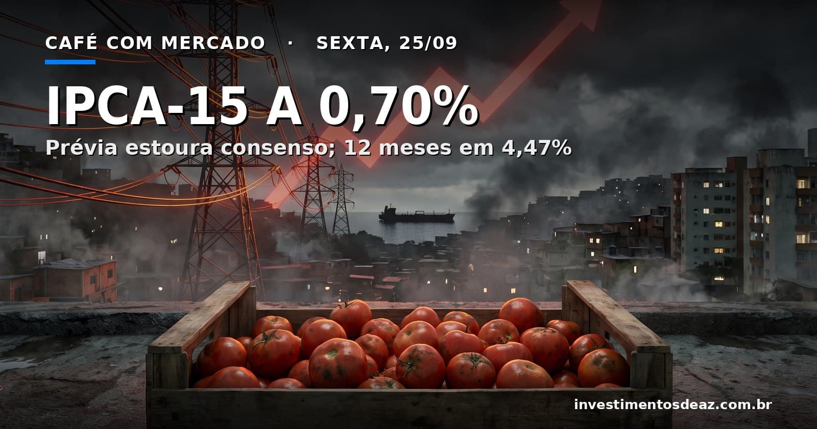 Torres de transmissão de energia ao entardecer, caixote de tomates, gráfico vermelho em alta no céu e petroleiro num estreito