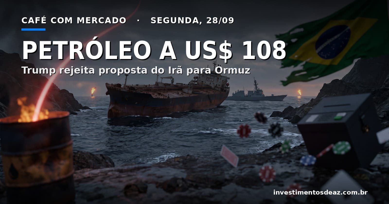 Petroleiro bloqueado em estreito ao entardecer, navio de guerra ao fundo, bandeira do Brasil sobre urna eletrônica e fichas de cassino levadas pelo vento