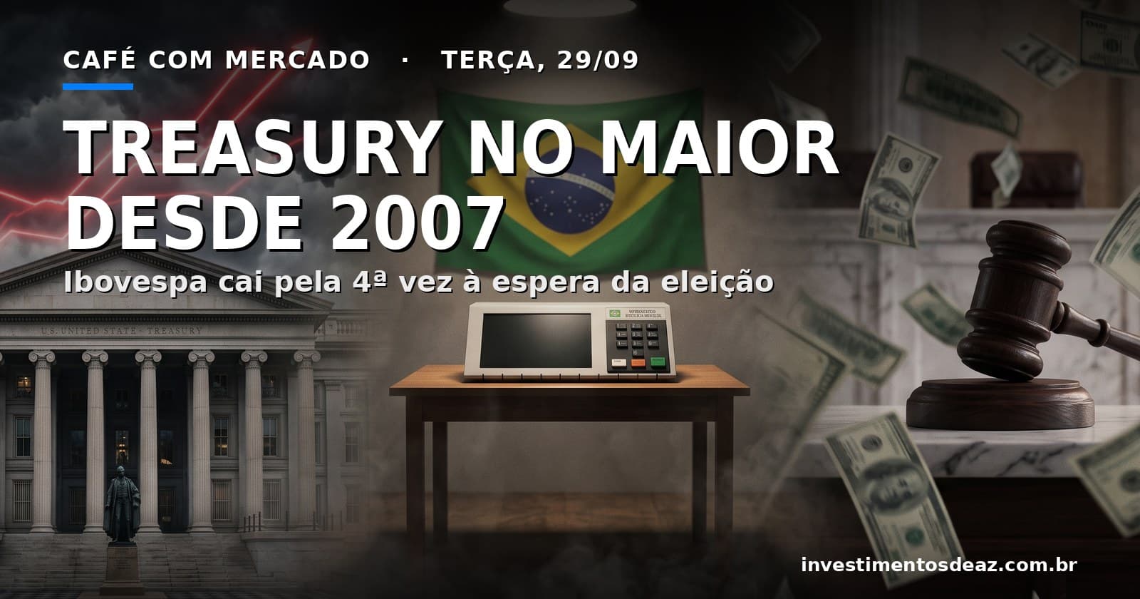 Prédio do Tesouro americano sob tempestade com linhas vermelhas de alta, urna eletrônica sob holofote e martelo de juiz sobre bancada de mármore