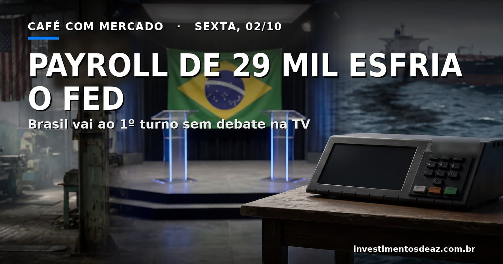 Estúdio de debate vazio com bandeira do Brasil, urna eletrônica sob holofote, petroleiro ao fundo e fábrica americana vazia