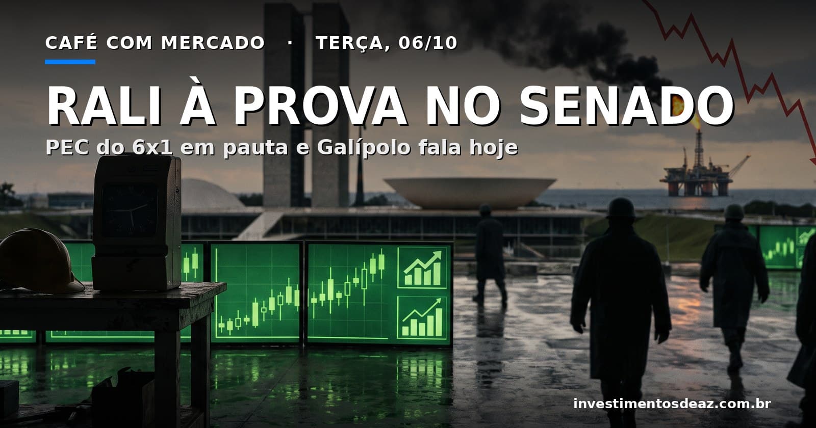 Congresso Nacional sob céu carregado, telas de bolsa em verde no primeiro plano, capacete de operário e relógio de ponto, e plataforma de petróleo ao fundo