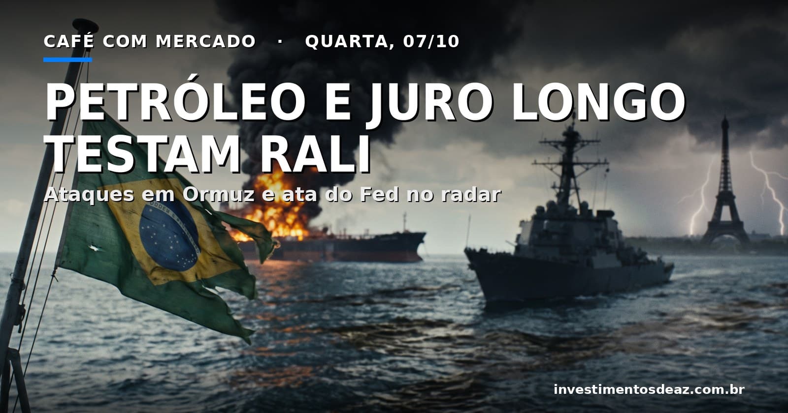 Petroleiro em chamas num estreito ao entardecer, navio de guerra ao fundo, Torre Eiffel sob tempestade e bandeira do Brasil iluminada em primeiro plano