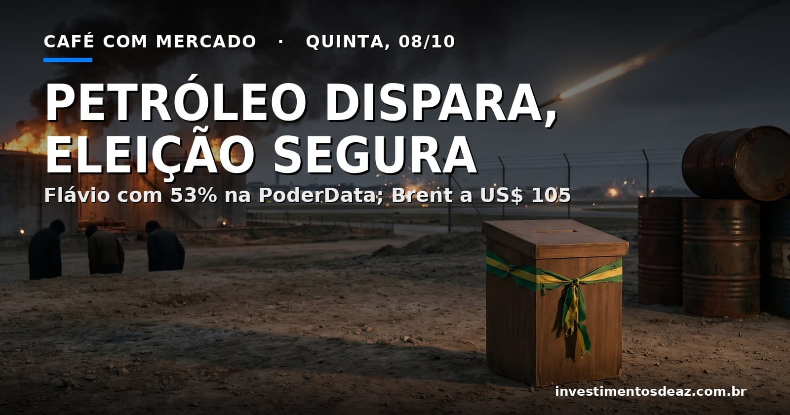 Míssil cruzando o céu noturno sobre aeroporto no deserto, tanques de petróleo em chamas e urna com fita verde e amarela