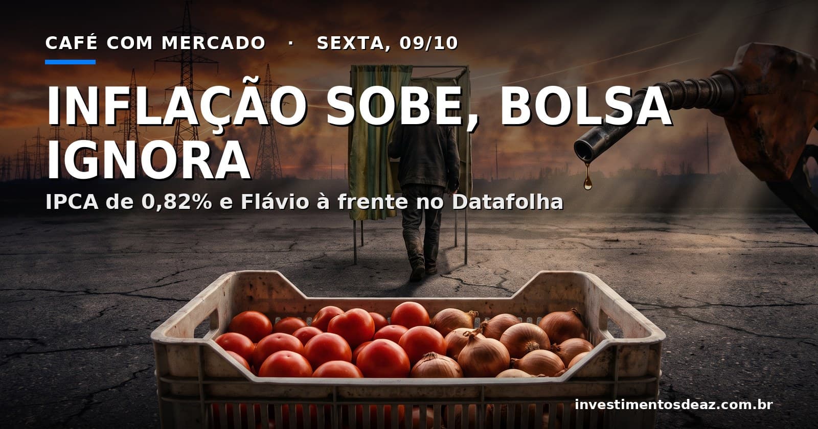 Tomates em caixote de feira, torres de alta tensão sob céu alaranjado, bico de bomba de combustível e figura de costas entrando em cabine de votação com cortina verde e amarela