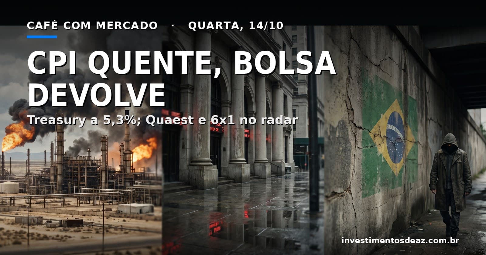Refinaria em chamas no deserto, colunas de um prédio do Tesouro sob chuva e bandeira do Brasil pintada em muro rachado
