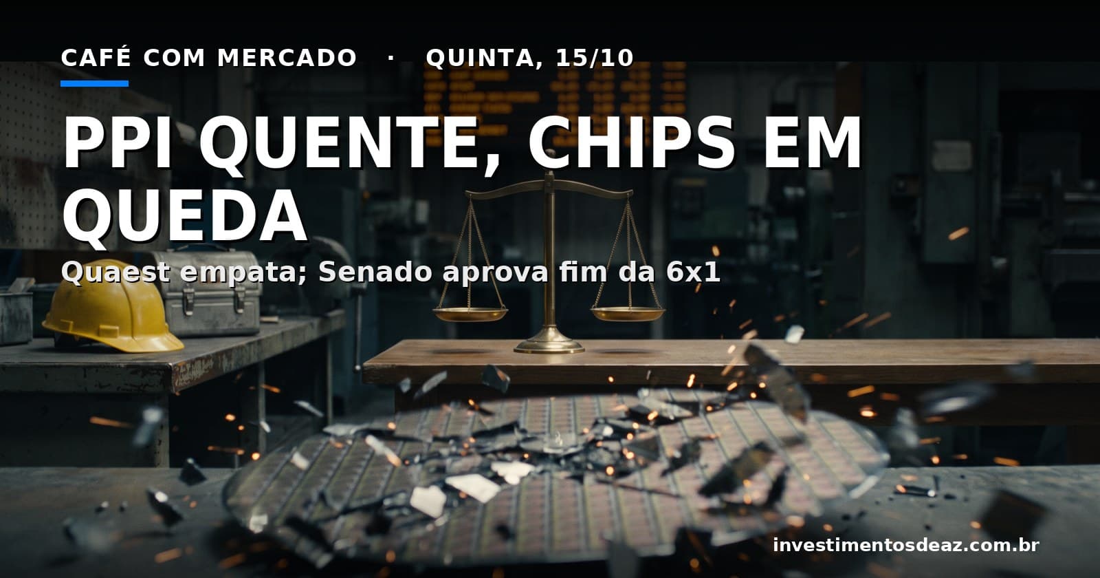 Sala de servidores sob luz vermelha, chip de silício rachado, balança equilibrada e capacete de operário sobre bancada vazia