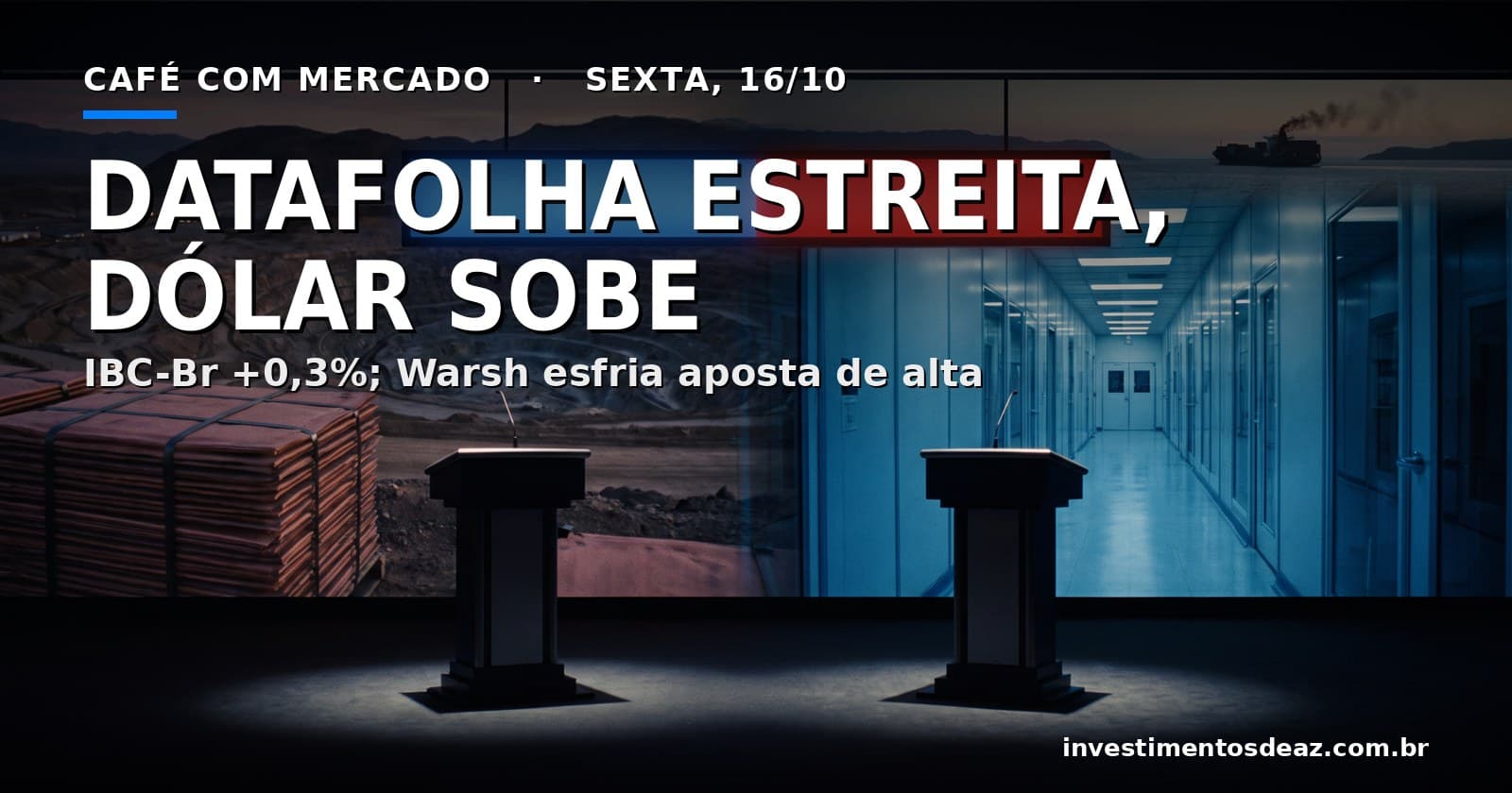 Palco de debate com dois púlpitos vazios sob holofotes, barra azul e vermelha, mina de cobre e sala limpa de semicondutores ao fundo
