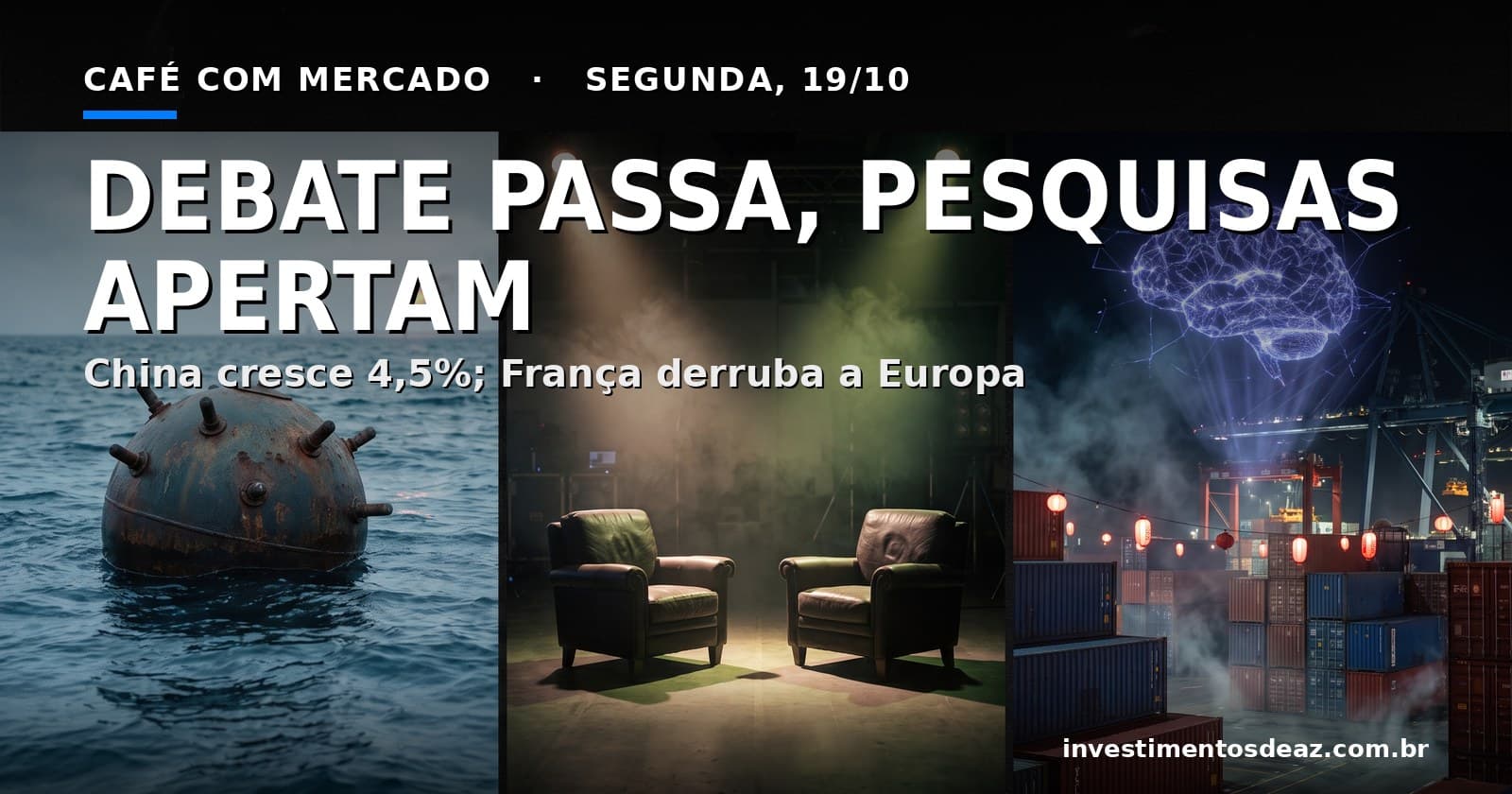 Mina naval à deriva, duas poltronas vazias sob holofotes de estúdio e porto chinês com contêineres e um cérebro holográfico