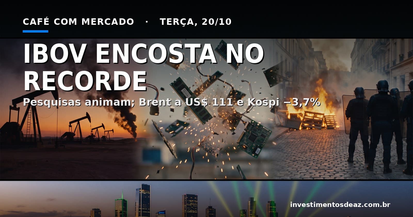 Cavalos de petróleo sob fumaça laranja, módulos de memória estilhaçados, barricada em rua europeia e skyline sul-americano com feixes verde e amarelo
