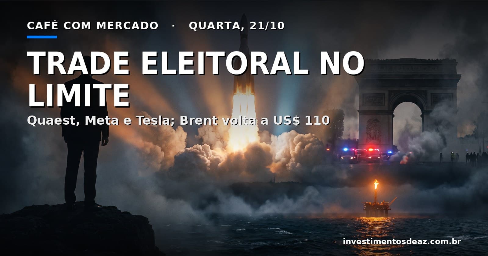 Foguete decolando ao entardecer observado por um homem de costas, Arco do Triunfo envolto em fumaça e reflexo de chama de gás no mar