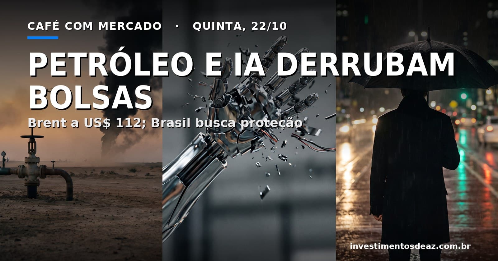 Estação de oleoduto com fumaça no deserto, mão robótica cromada se estilhaçando e figura de costas com guarda-chuva sob tempestade numa avenida noturna