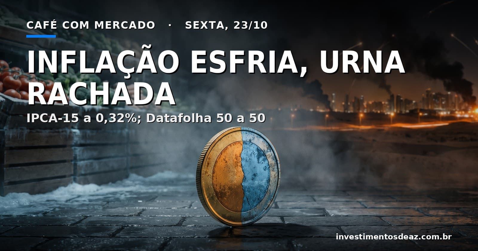Moeda equilibrada de pé, metade laranja e metade azul, diante de bancas de hortaliças com geada e de uma cidade no deserto sob fumaça à noite