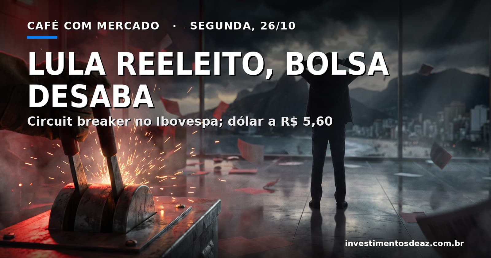 Mão enluvada puxa uma alavanca de disjuntor entre faíscas e luz vermelha; ao fundo, um homem de costas com as mãos na cabeça diante de uma cidade litorânea sob céu de tempestade