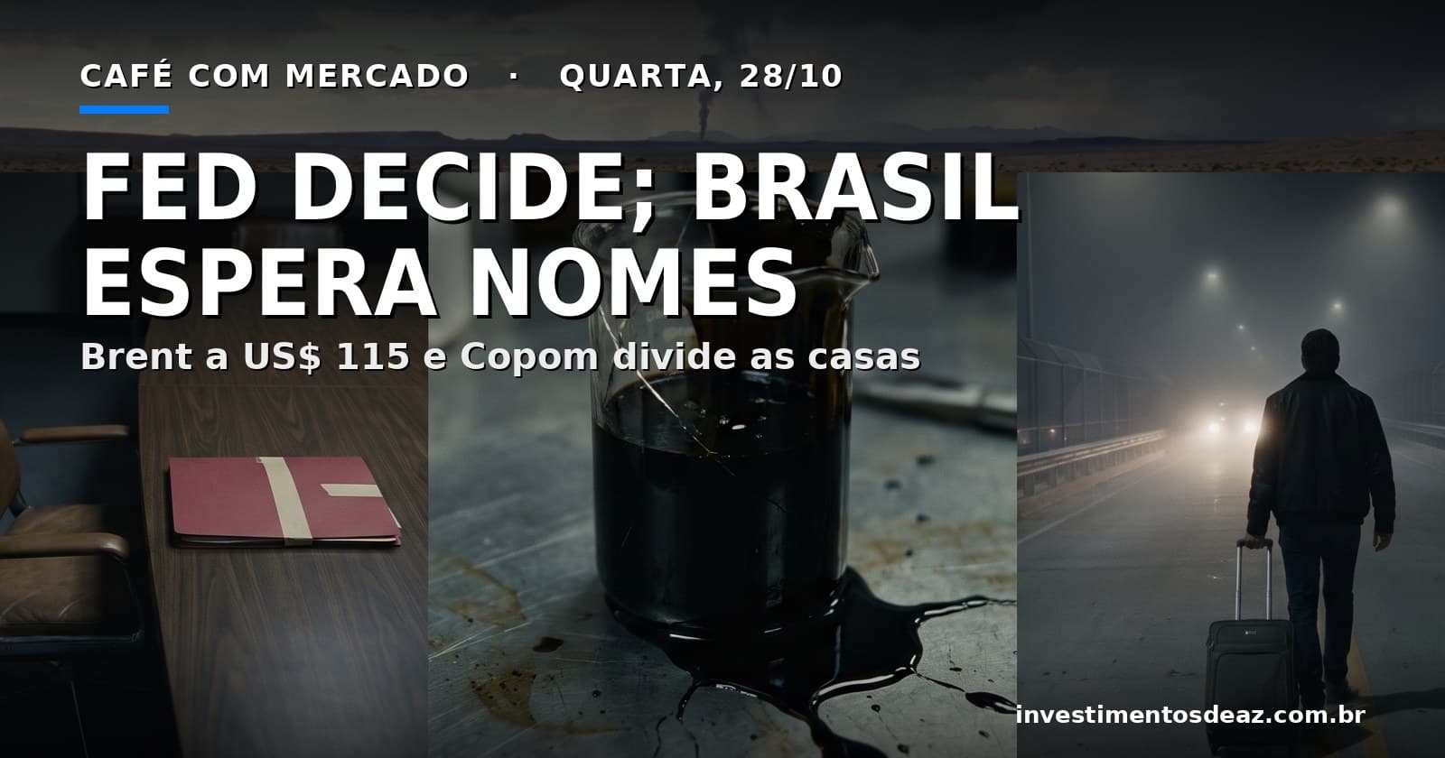 Sala de reunião vazia com cadeira virada, béquer de petróleo rachado e figura de costas arrastando mala por ponte sob neblina